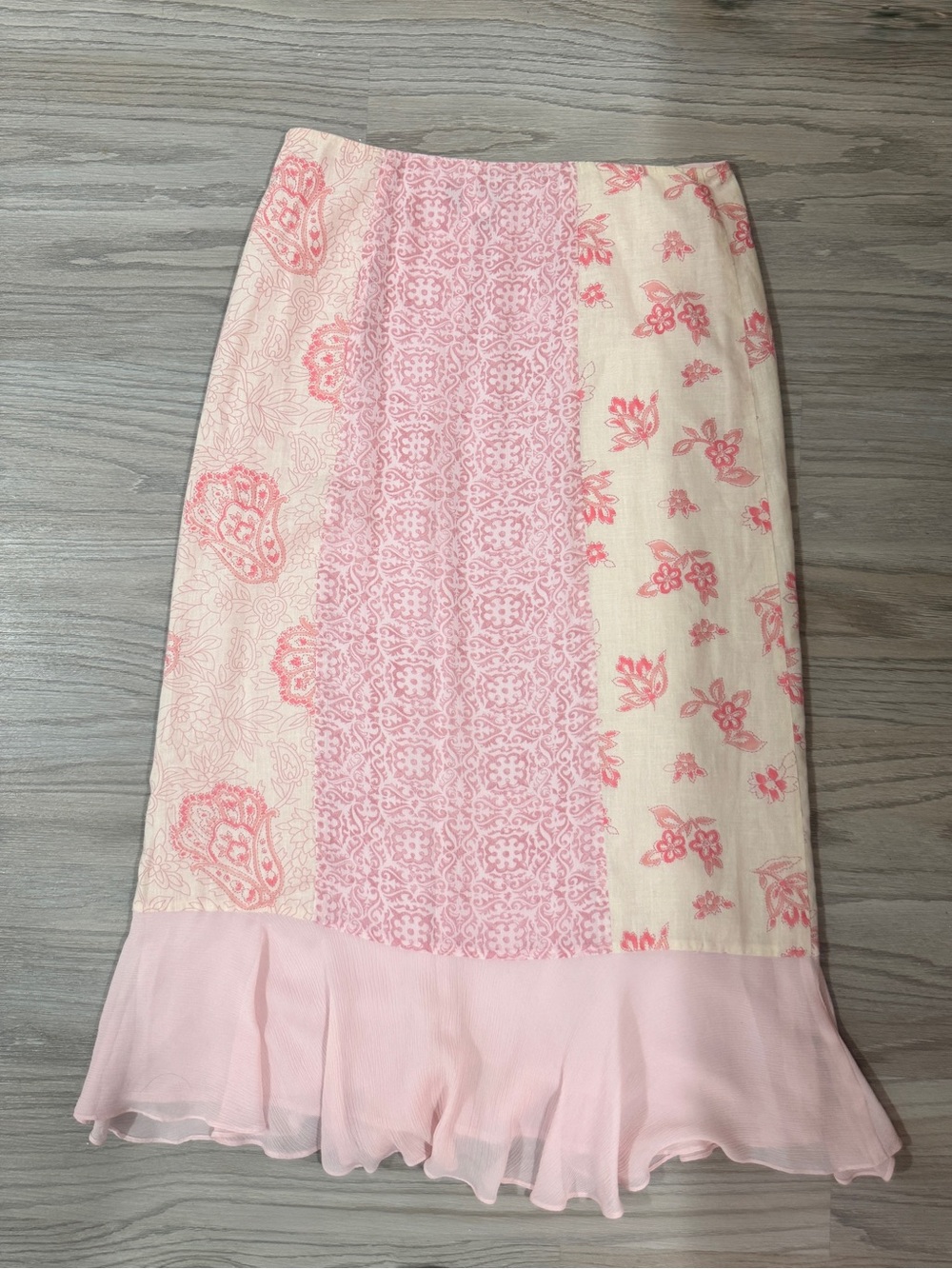 100% Silk Cynthia Howie Y2K Coquette Pink Patchwork Midi Skirt Size 10